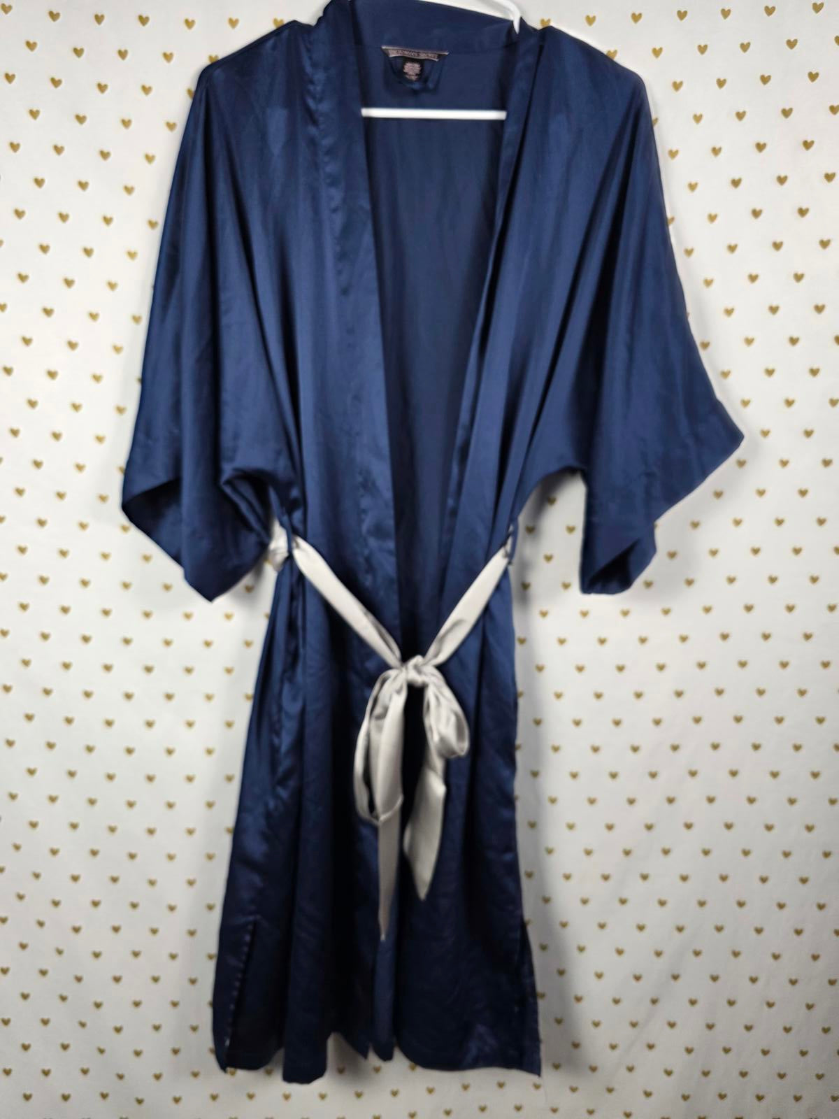 Victorias Secret Satin Silky Robe LONG Dark Blue Grey XS SMALL Kimono Smock