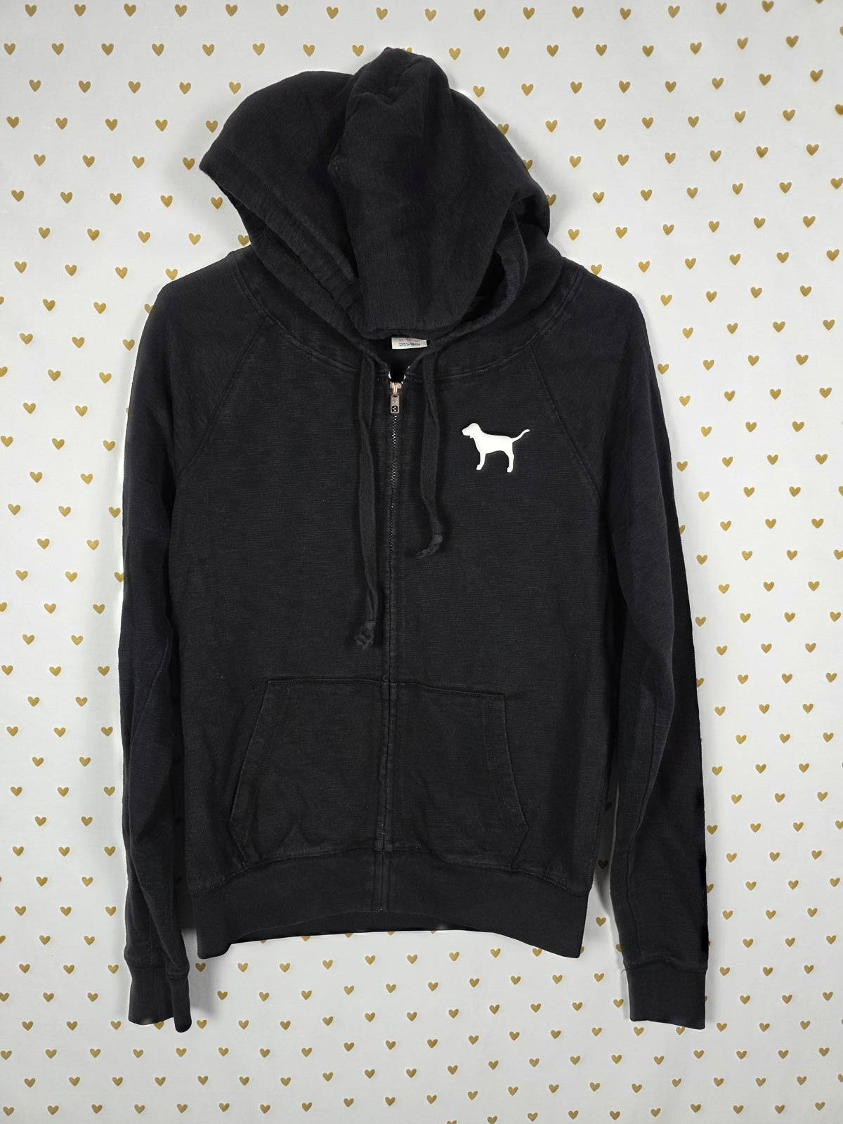 Victorias Secret Pink Embroidered Vintage Y2k Black Hoodie Full zip Jacket  XS