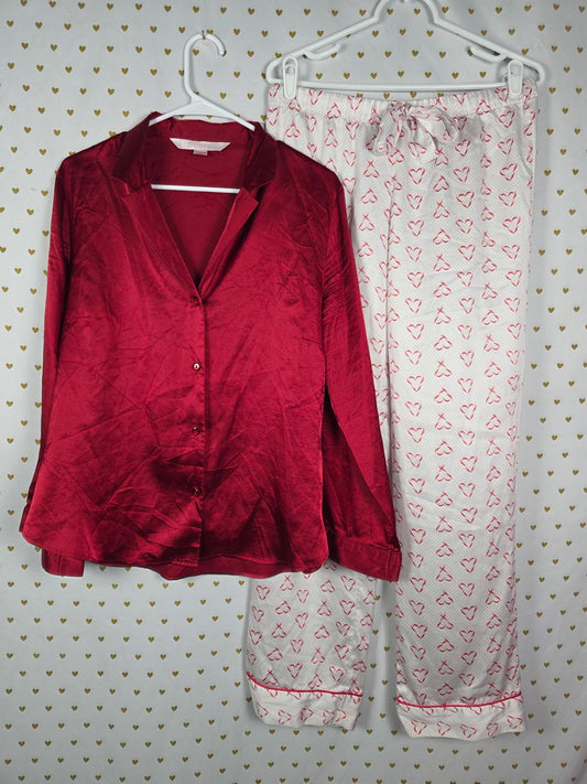 Victorias Secret SATIN Sleep Set Button Down Shirt Pants HEARTS MEDIUM
