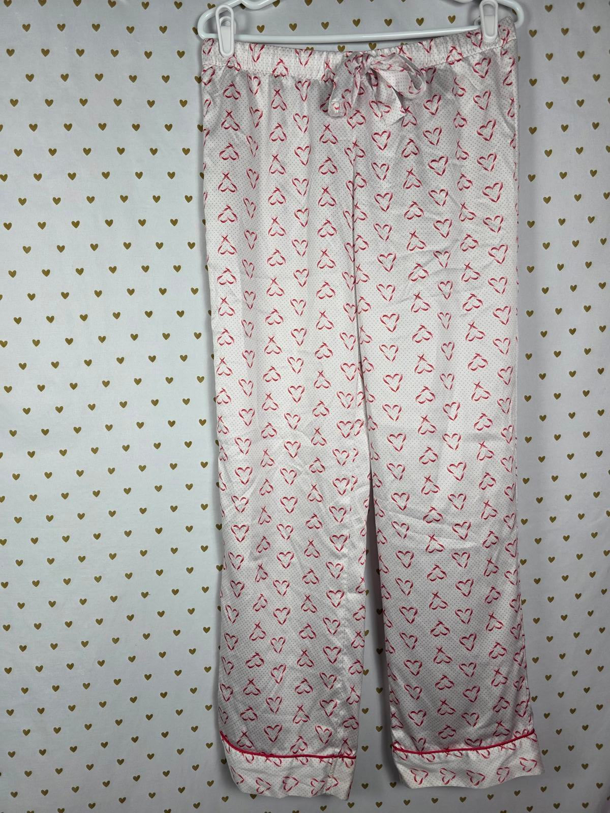 Victorias Secret SATIN Sleep Set Button Down Shirt Pants HEARTS MEDIUM
