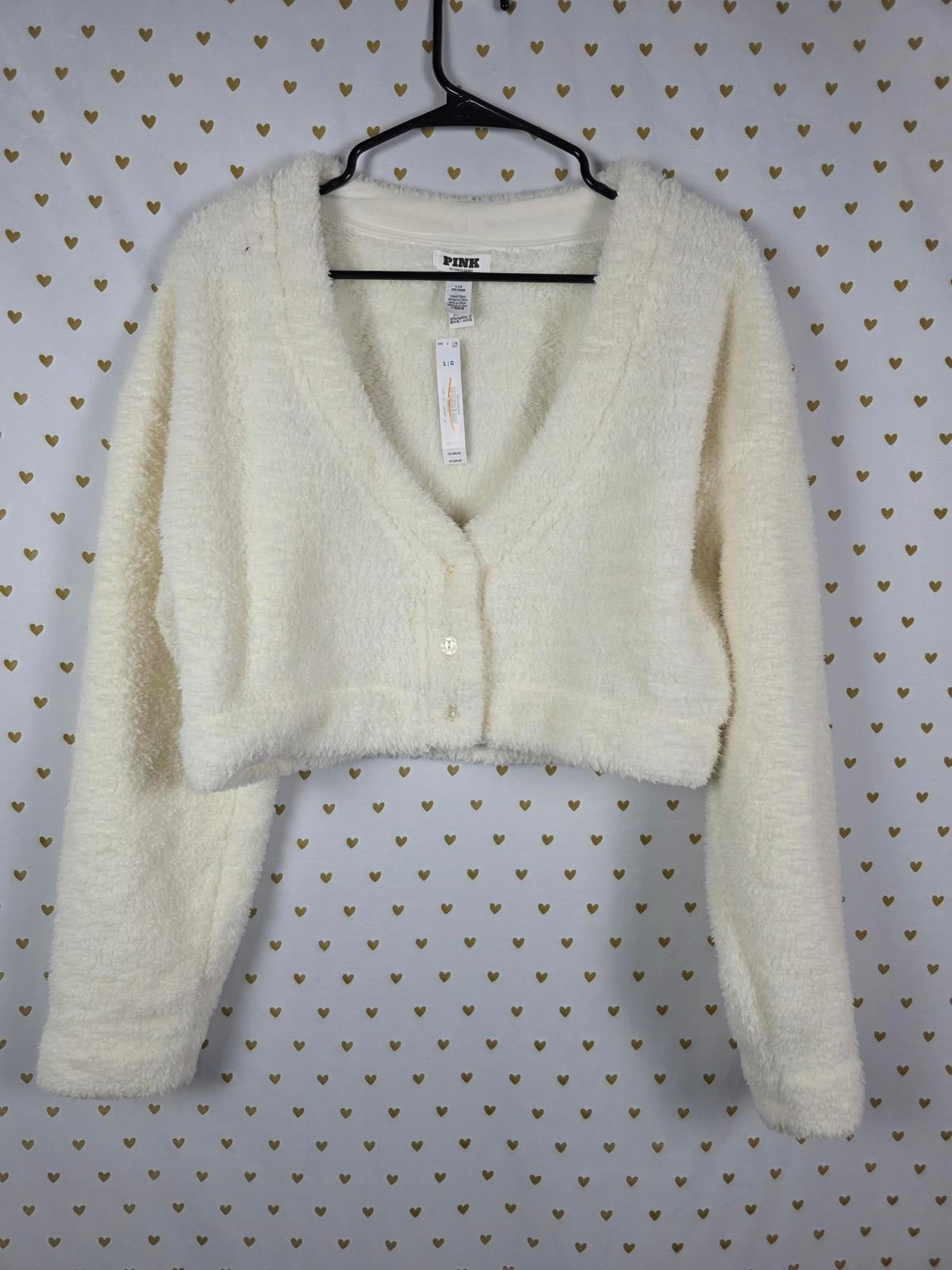 Victorias Secret Pink NEW Nwt Cream Fuzzy Teddy Bear Cropped Cardigan Sweater L