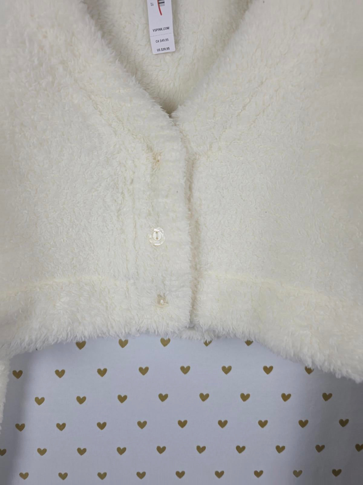 Victorias Secret Pink NEW Nwt Cream Fuzzy Teddy Bear Cropped Cardigan Sweater L