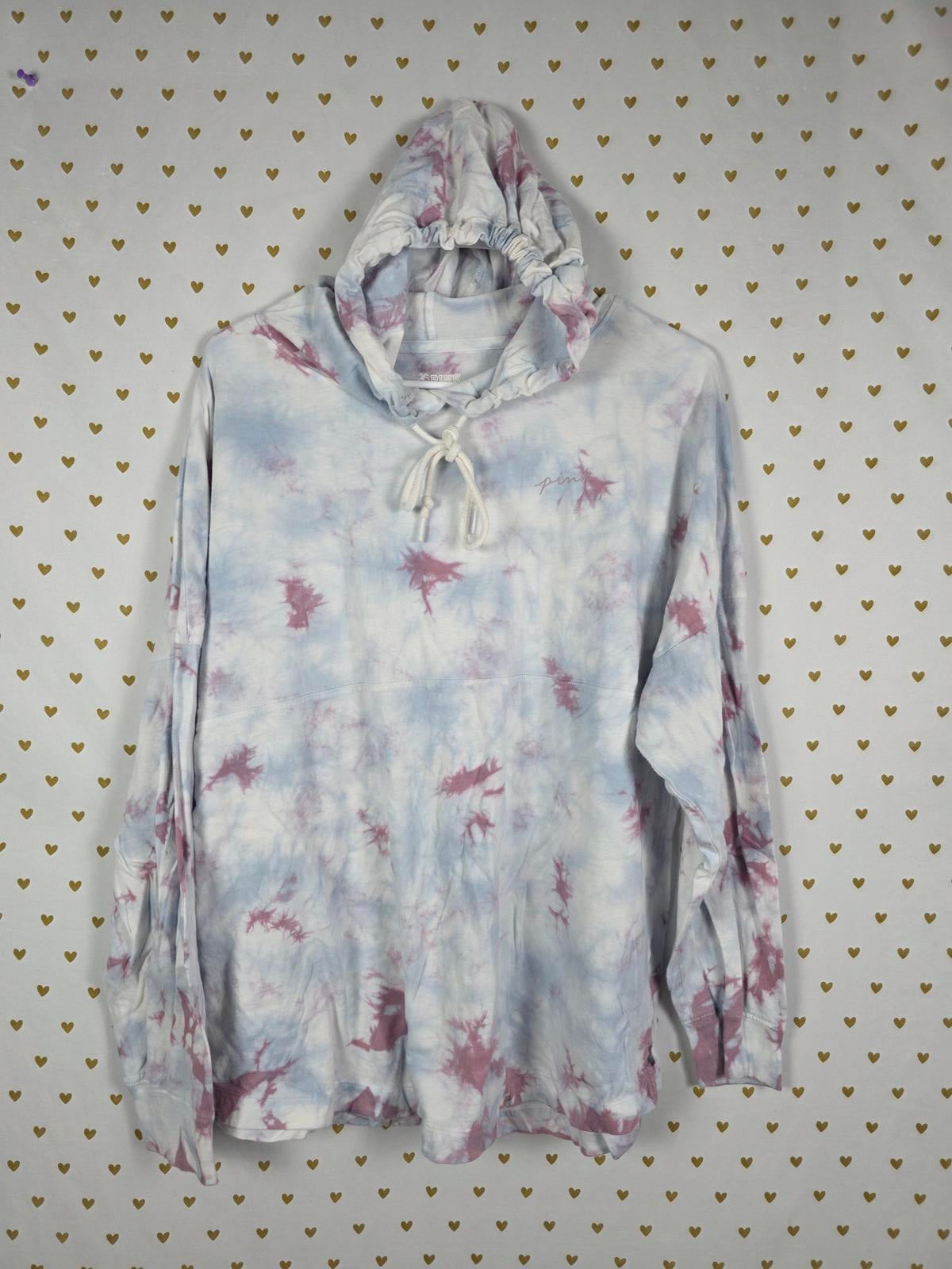 Victorias Secret Pink TYE DYE Hooded Long Sleeve Logo Tee Shirt MEDIUM