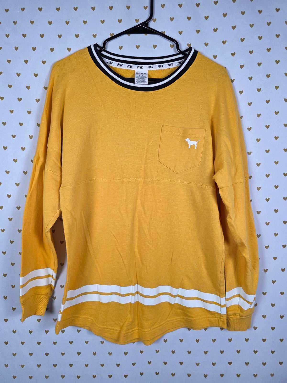 Victorias Secret Pink yellow logo sweater Shirt Dog Logo Pocket SMALL