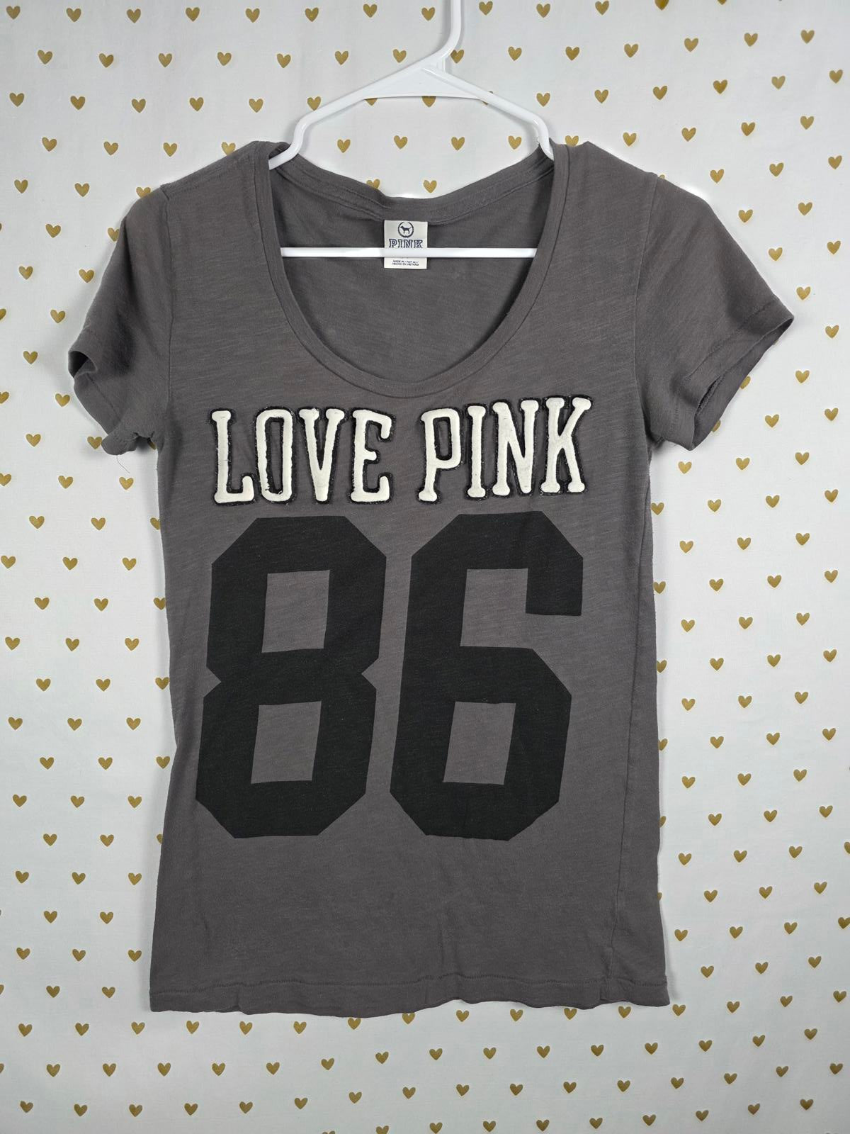 Victorias Secret PINK LOVE 86 Grey VINTAGE Y2K Tee Shirt Patches Small