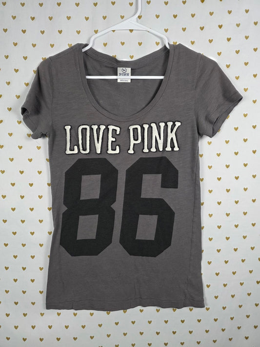 Victorias Secret PINK LOVE 86 Grey VINTAGE Y2K Tee Shirt Patches Small