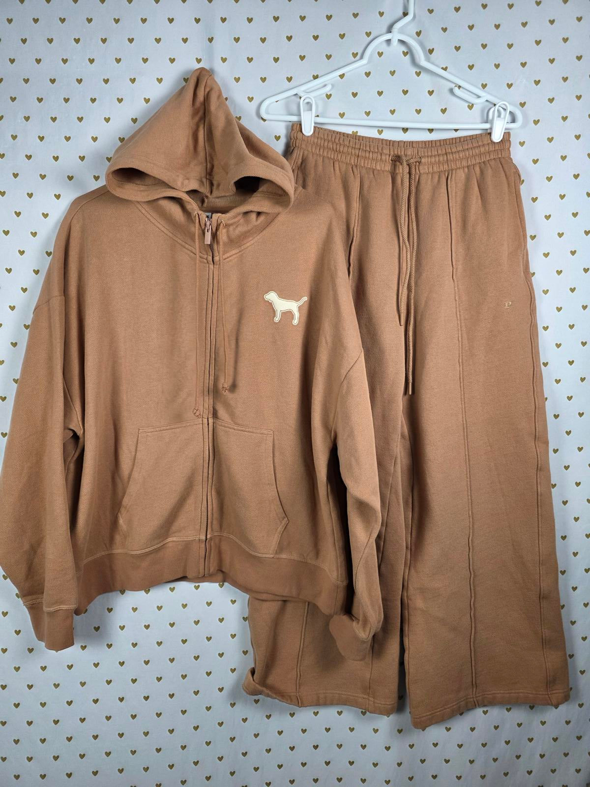 Victorias Secret Pink Brown NWT SET Hoodie Jacket Flared Sweatpants Medium large