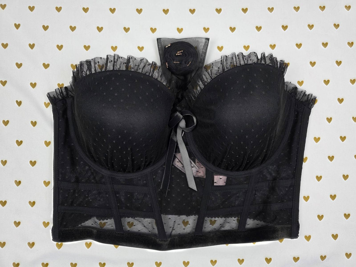 DREAM ANGELS Strapless Ruffled Corset bra top NEW 38D Black Flocked Dot w Straps