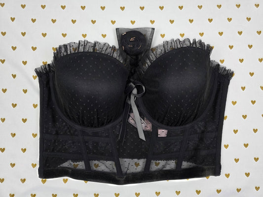 DREAM ANGELS Strapless Ruffled Corset bra top NEW 38D Black Flocked Dot w Straps