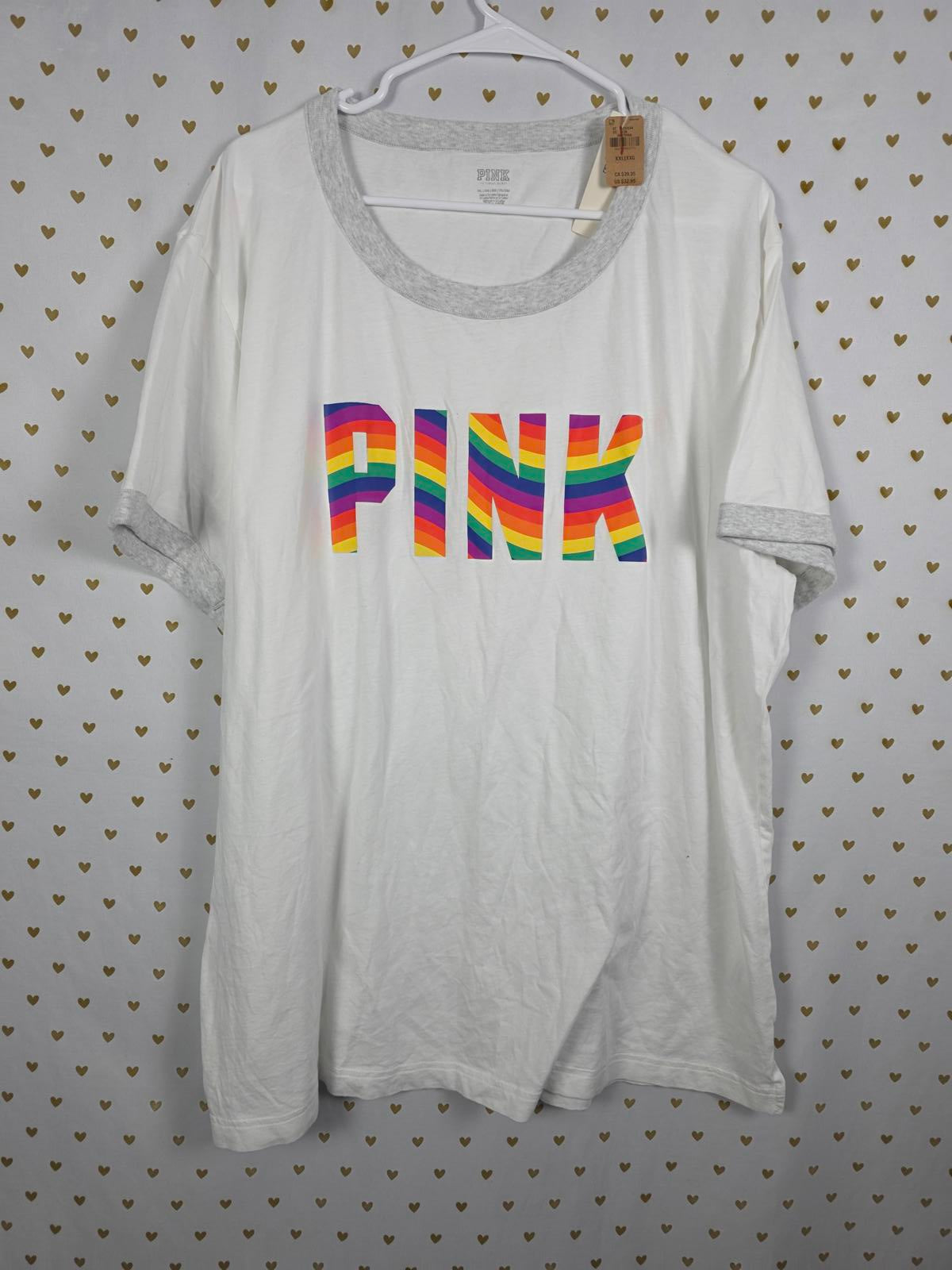 Victorias Secret PINK NEW NWT Rainbow Logo Ringer Tee shirt 2XL XXL