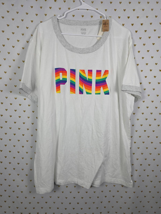 Victorias Secret PINK NEW NWT Rainbow Logo Ringer Tee shirt 2XL XXL
