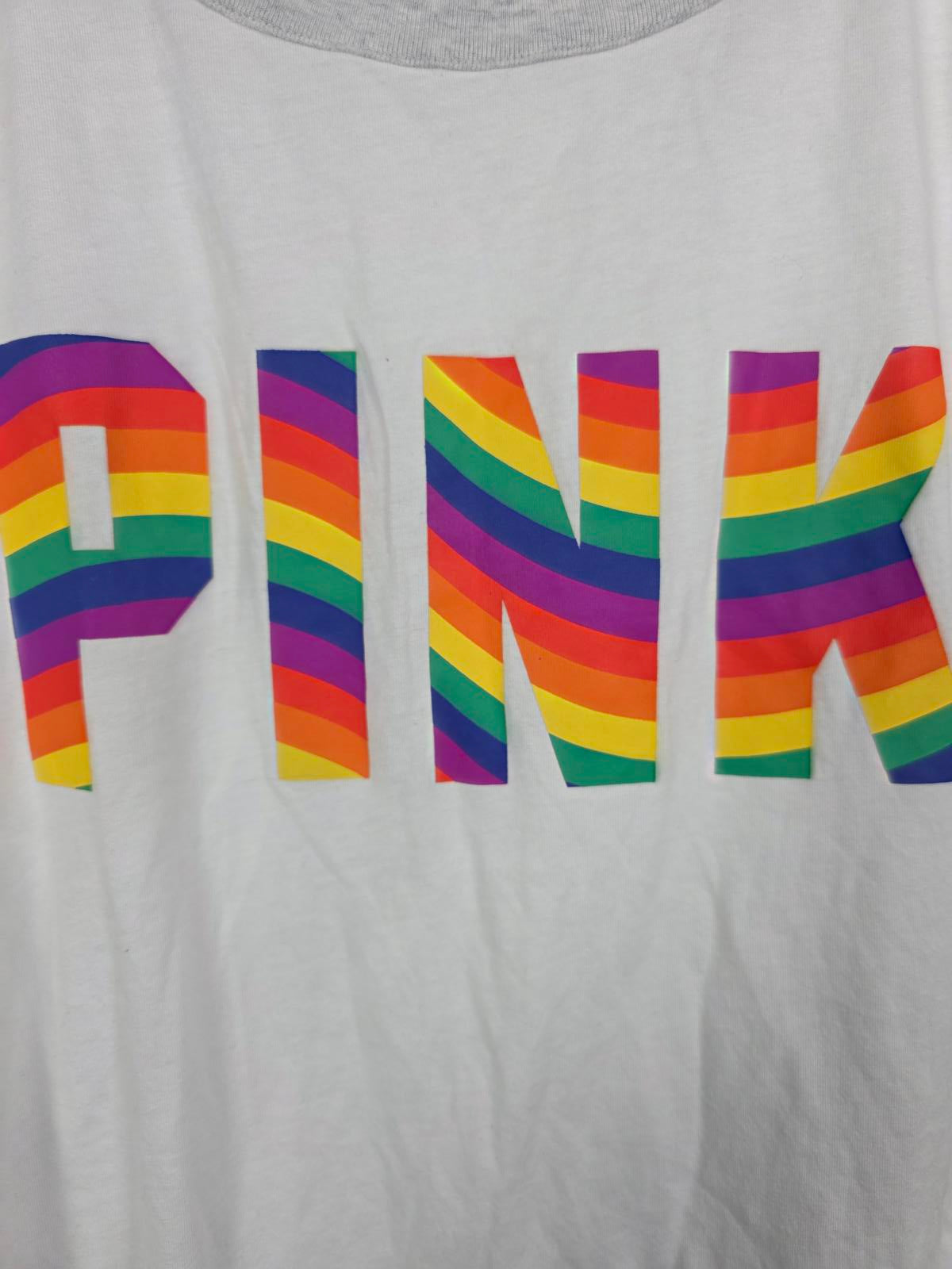 Victorias Secret PINK NEW NWT Rainbow Logo Ringer Tee shirt 2XL XXL