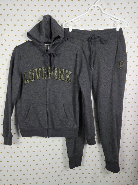 Victorias Secret Pink Bling Glitter Logo Hoodie Jogger Pants SET Grey SMALL