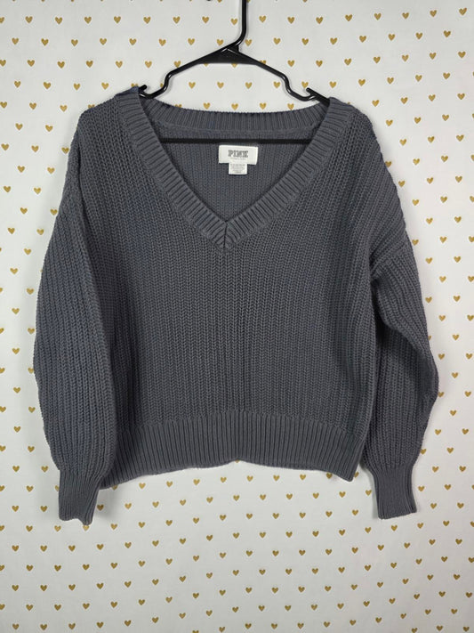 Victorias Secret Pink Grey Chunky Knit V Neck Sweater Shirt XS