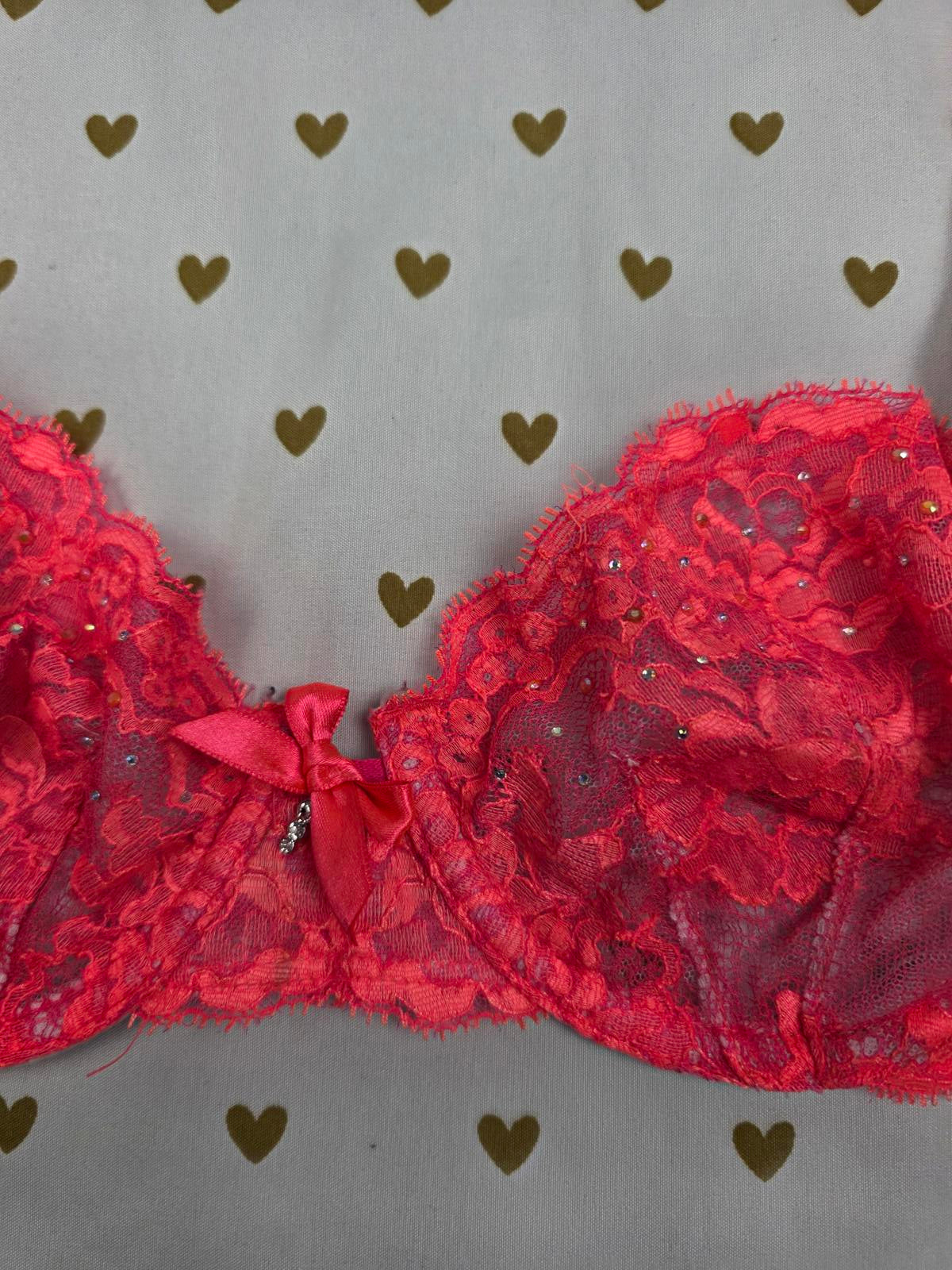 Victorias Secret Unlined Bling Lace Very Sexy Demi Balconette Bra 32C Rhinestone