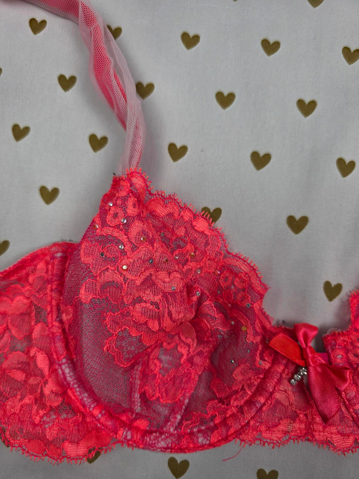 Victorias Secret Unlined Bling Lace Very Sexy Demi Balconette Bra 32C Rhinestone