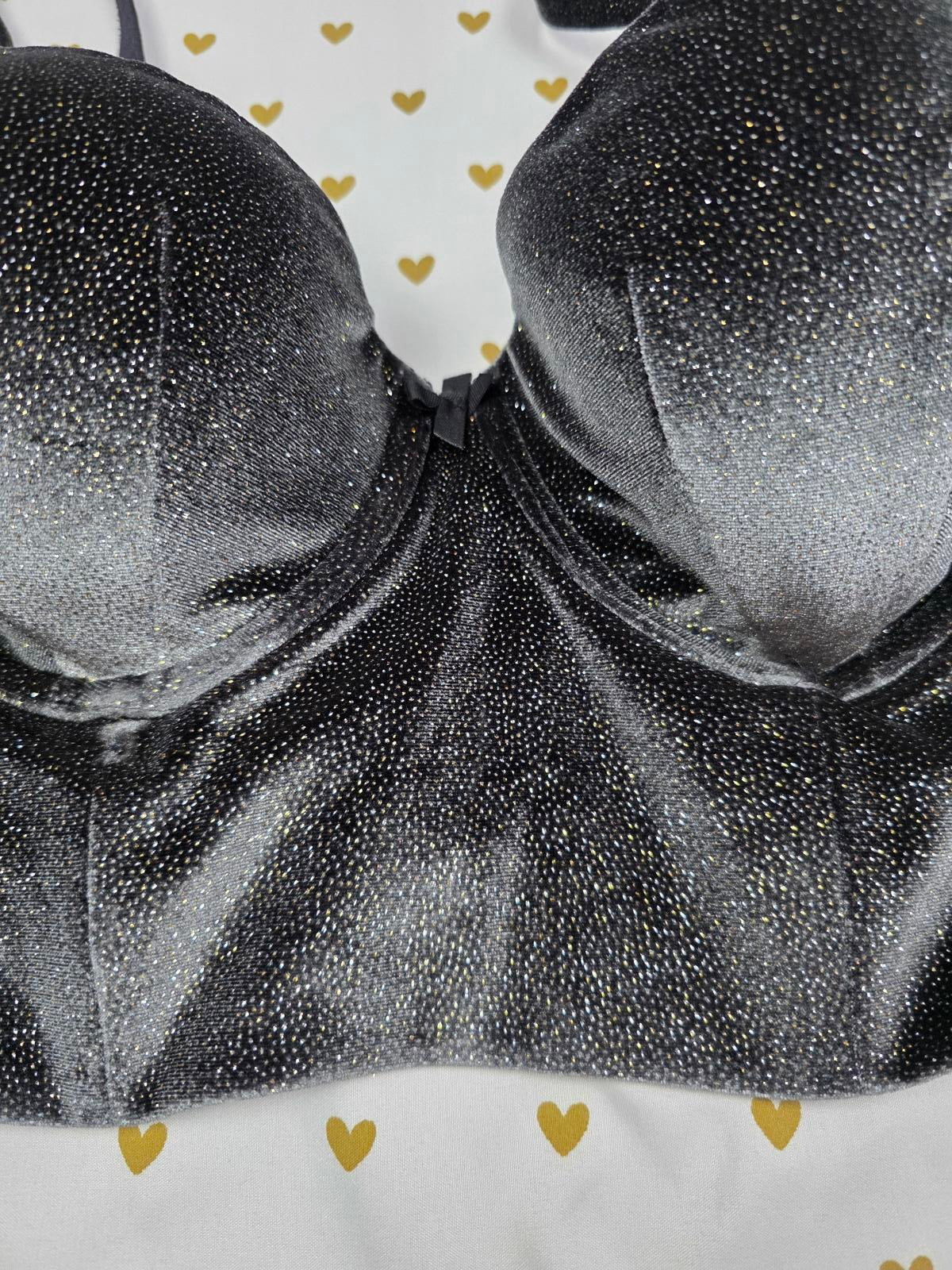 Victorias Secret Black SHIMMER BLING 36D Dream Angels Push Up Bustier Bra DEMI