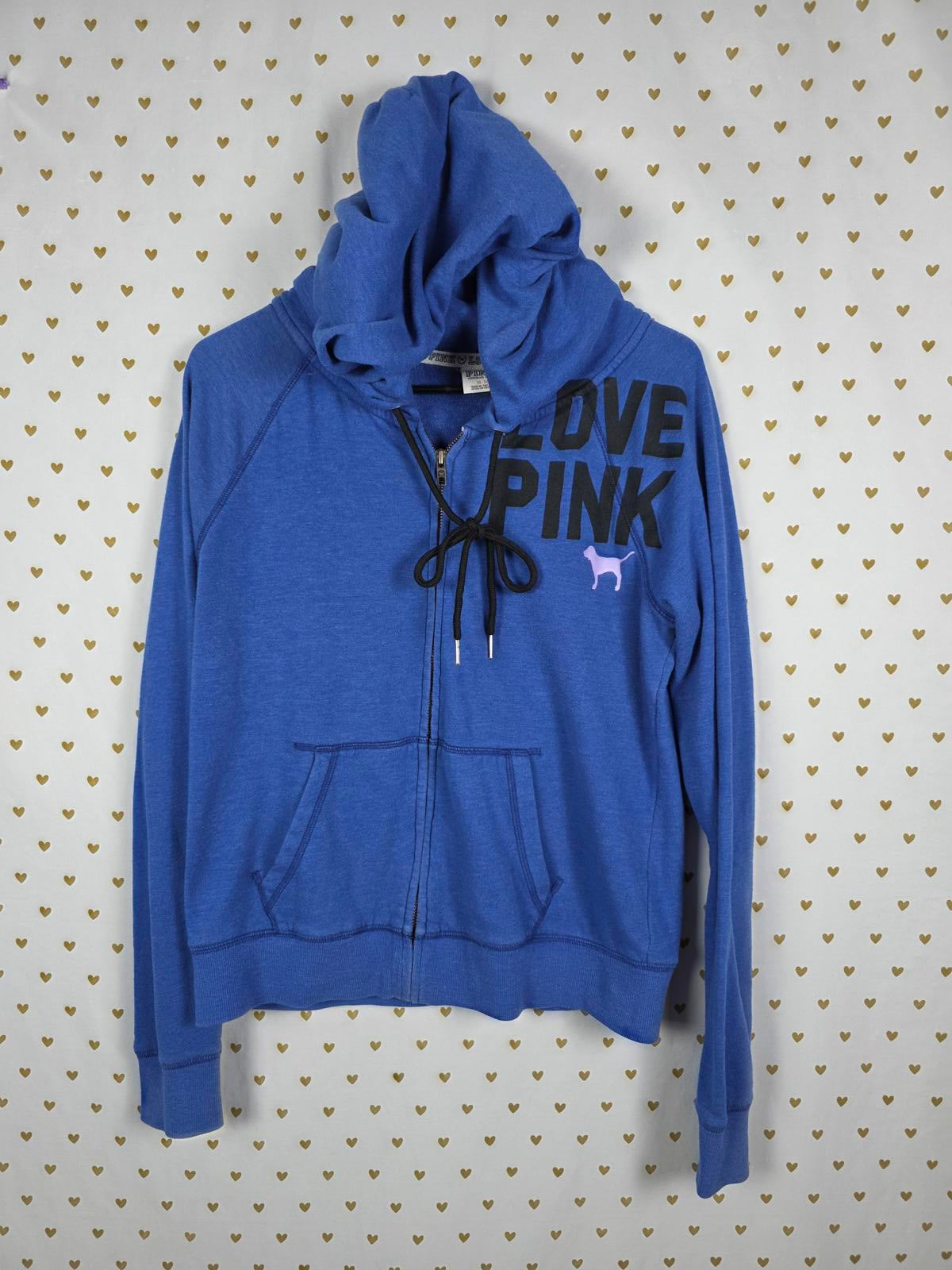 Victorias Secret Pink Vintage LOVE Full Zip Blue Hoodie Jacket Dog Logo MEDIUM