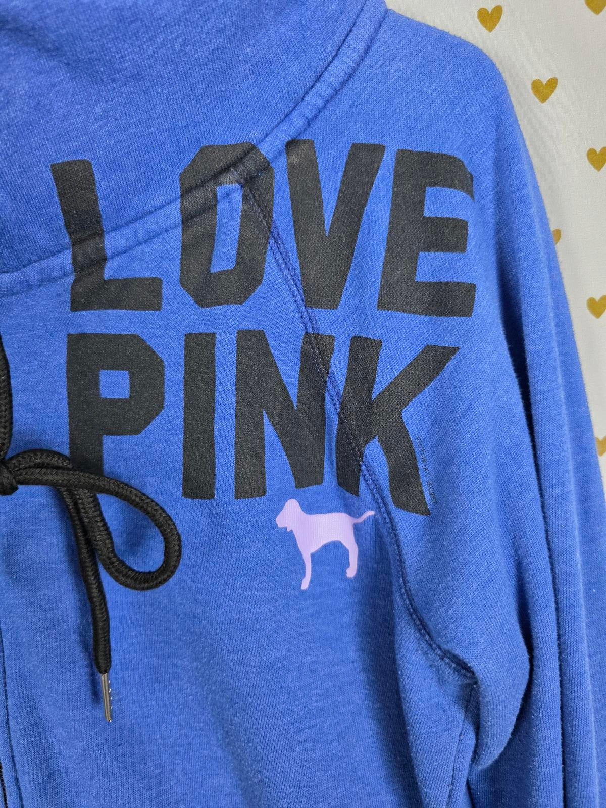 Victorias Secret Pink Vintage LOVE Full Zip Blue Hoodie Jacket Dog Logo MEDIUM