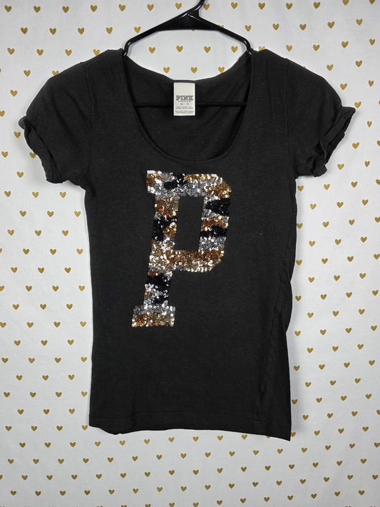 Victorias Secret PINK Animal Print BLING Sequined P logo Tee shirt XS