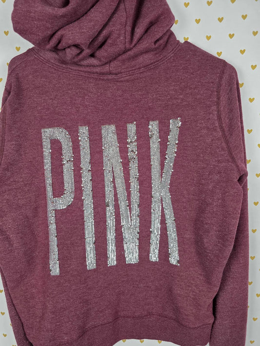 Victorias Secret Pink BLING Sequined Logo Jacket Maroon Full Zip Dog Logo Hoodie