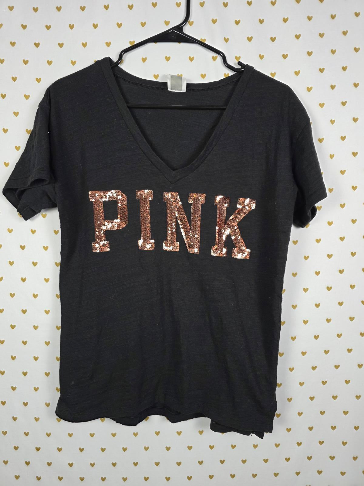 Victorias Secret PINK Gold BLING Sequined Logo Tee shirt XS