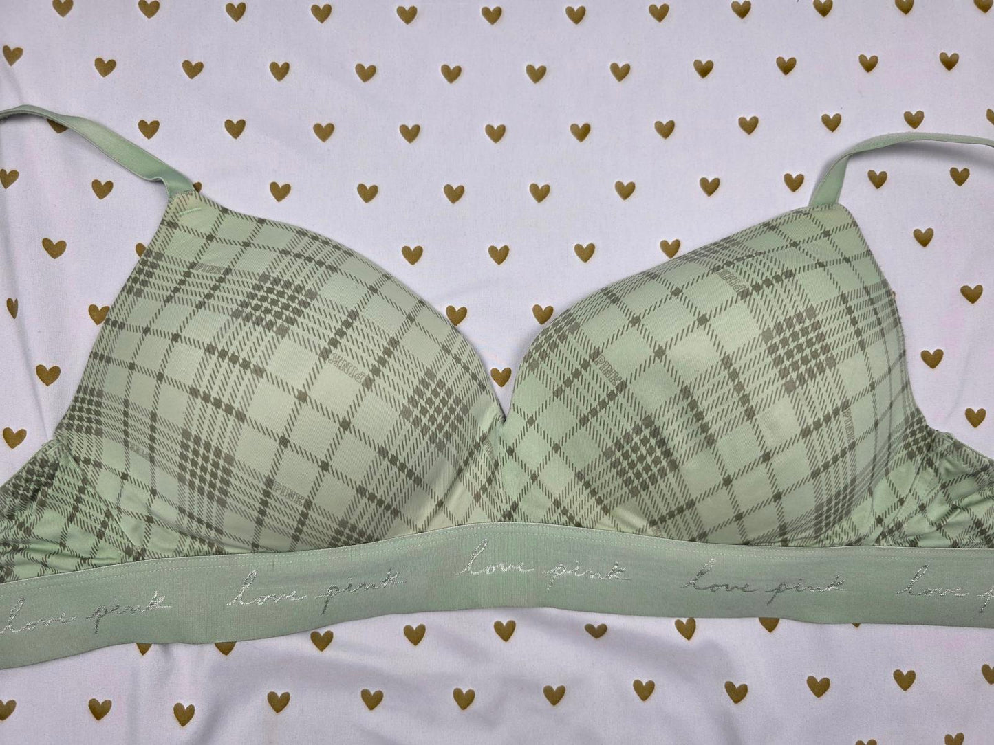 Victorias Secret PINK Plaid Green Wireless Push Up Bra wear everywhere 36D