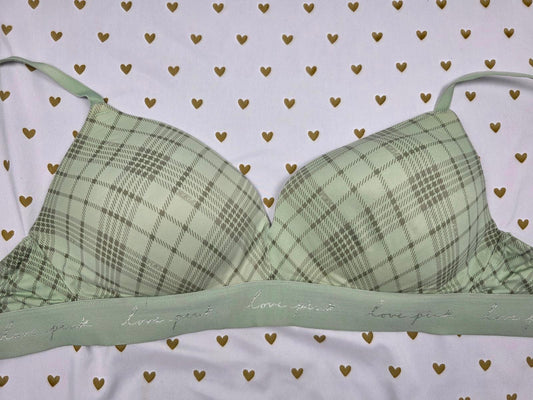 Victorias Secret PINK Plaid Green Wireless Push Up Bra wear everywhere 36D