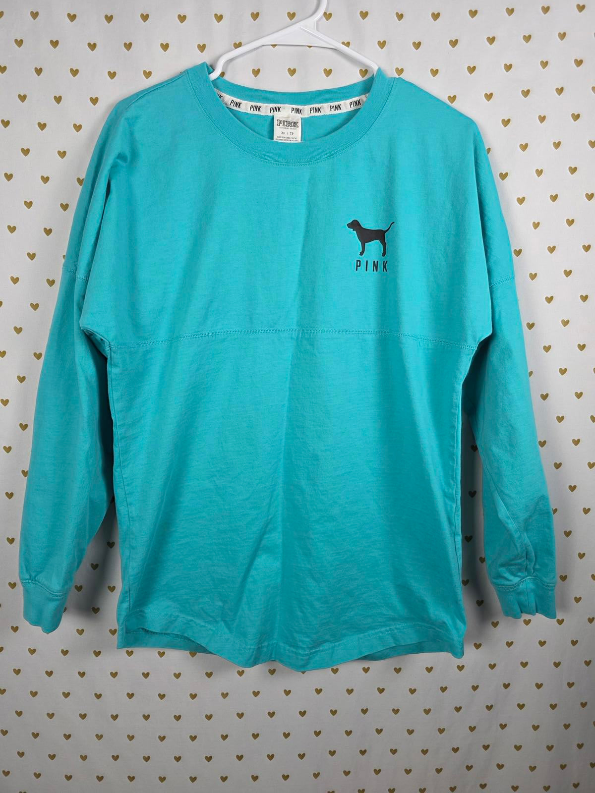 Victorias Secret Pink Leopard Cheetah Logo Sweater Shirt Blue OVERSIZED XS dog