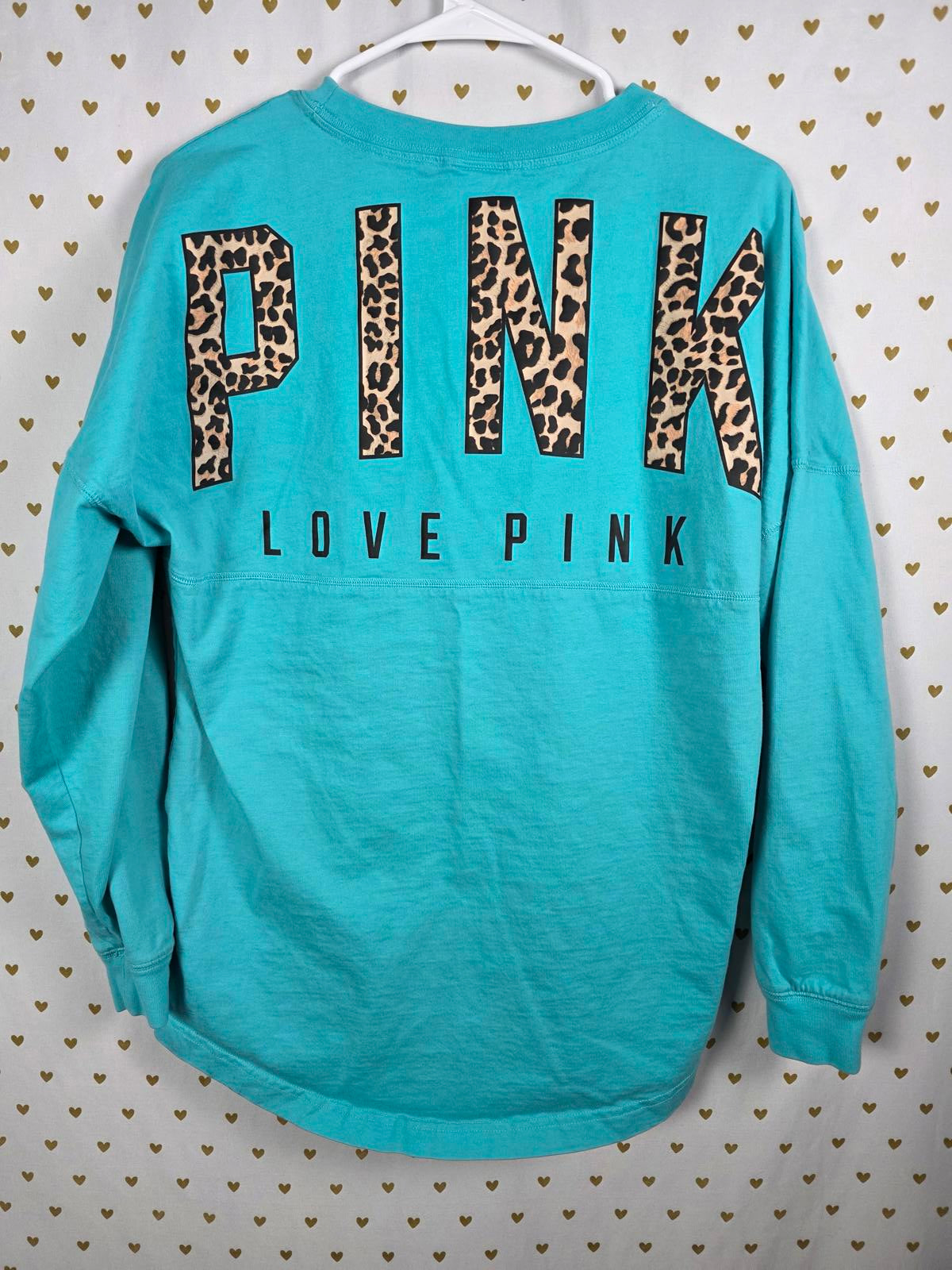 Victorias Secret Pink Leopard Cheetah Logo Sweater Shirt Blue OVERSIZED XS dog