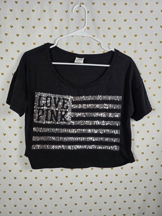 Victorias Secret PINK CROPPED BLING USA FLAG sequined tee shirt silver LOVE Vtg