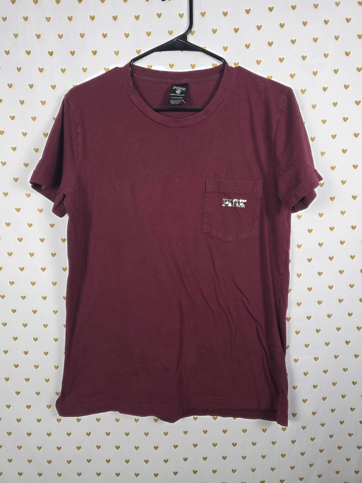 Victorias Secret PINK Maroon BLING Dog Logo Tee Shirt Pocket Silver Sequins SM