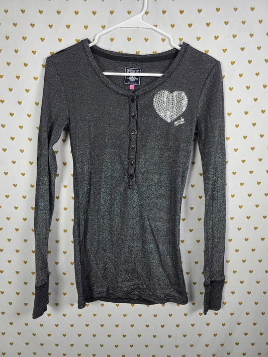 Victorias Secret PINK Vintage SHIMMER Heart BLING HENLEY Long Sleeve Button SM