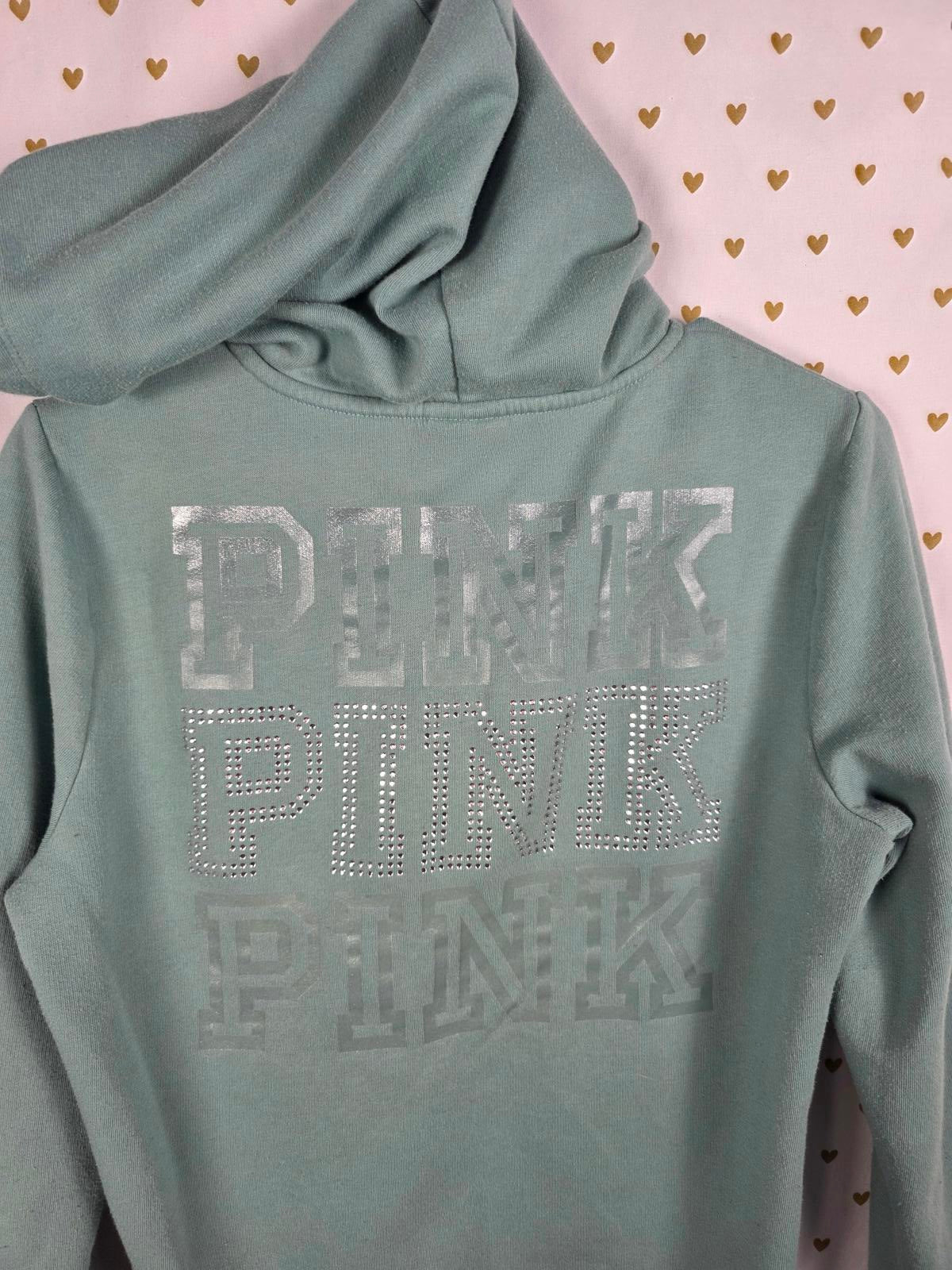 Victorias Secret Pink Full Zip Green Hoodie Logo BLING STUDDED Jacket SMALL