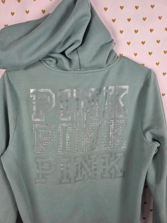 Victorias Secret Pink Full Zip Green Hoodie Logo BLING STUDDED Jacket SMALL