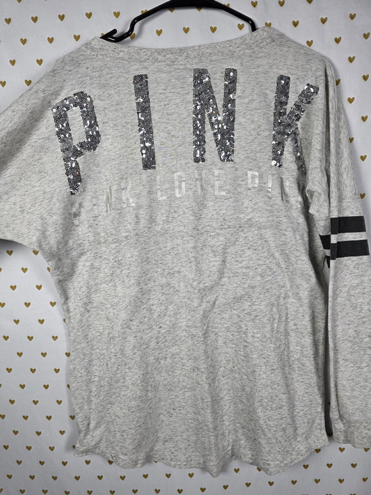 Victorias Secret PINK Campus Long Sleeve Grey BLING SEQUINED Tee V Neck Shirt SM