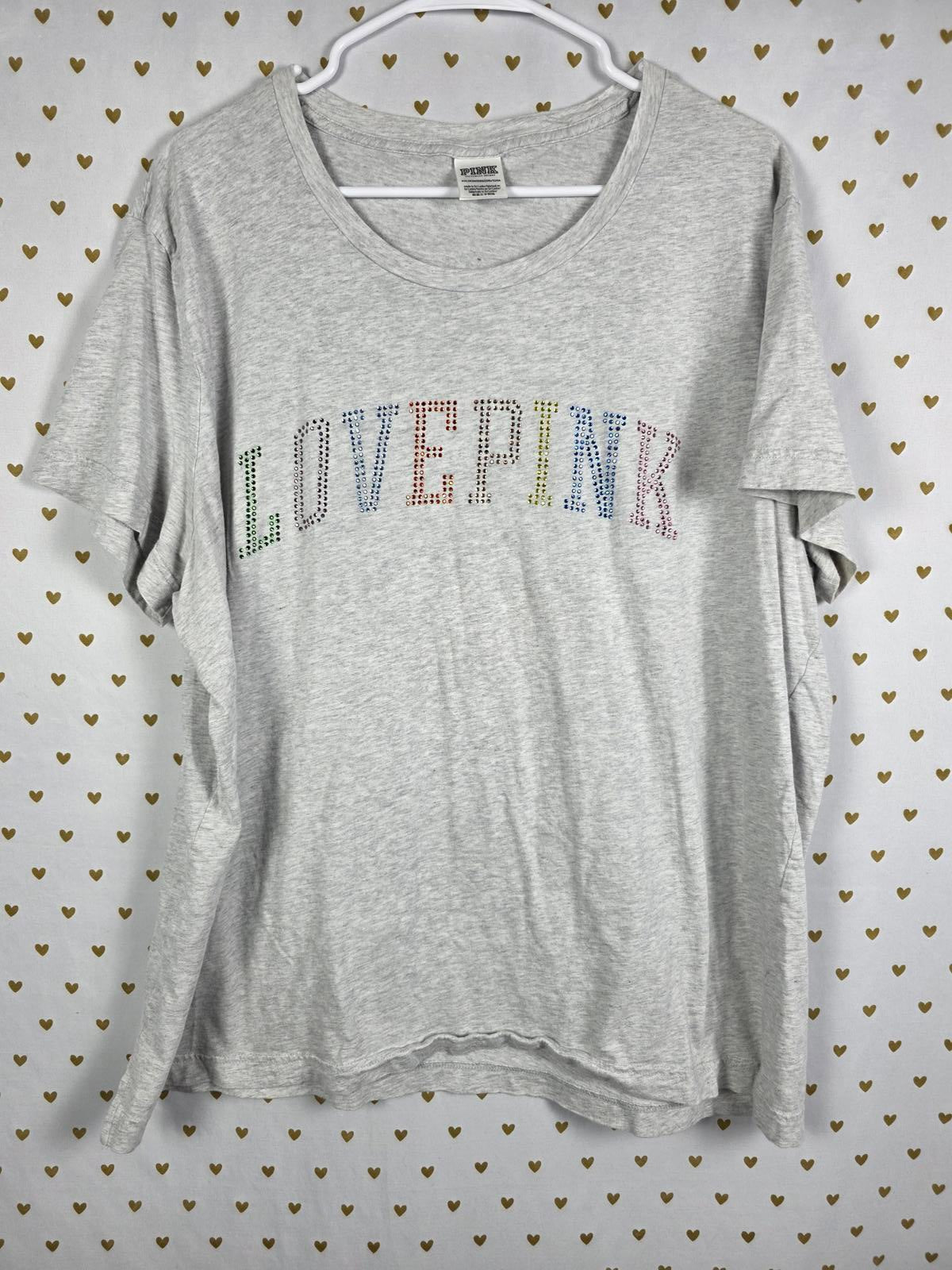Victorias Secret PINK Rhinestone Rainbow BLING Tee Shirt 2XL XXL