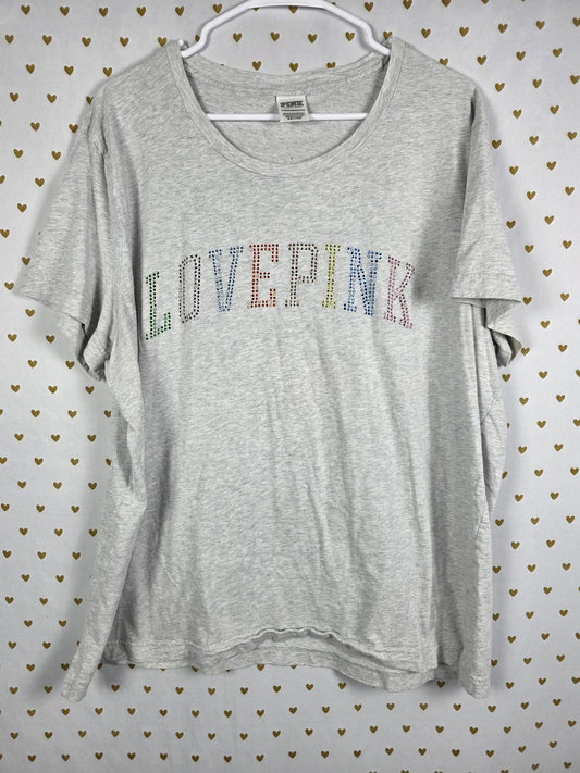Victorias Secret PINK Rhinestone Rainbow BLING Tee Shirt 2XL XXL