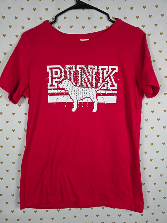 Victorias Secret PINK Dog Logo Tee Shirt Rhinestone BLING Red MEDIUM