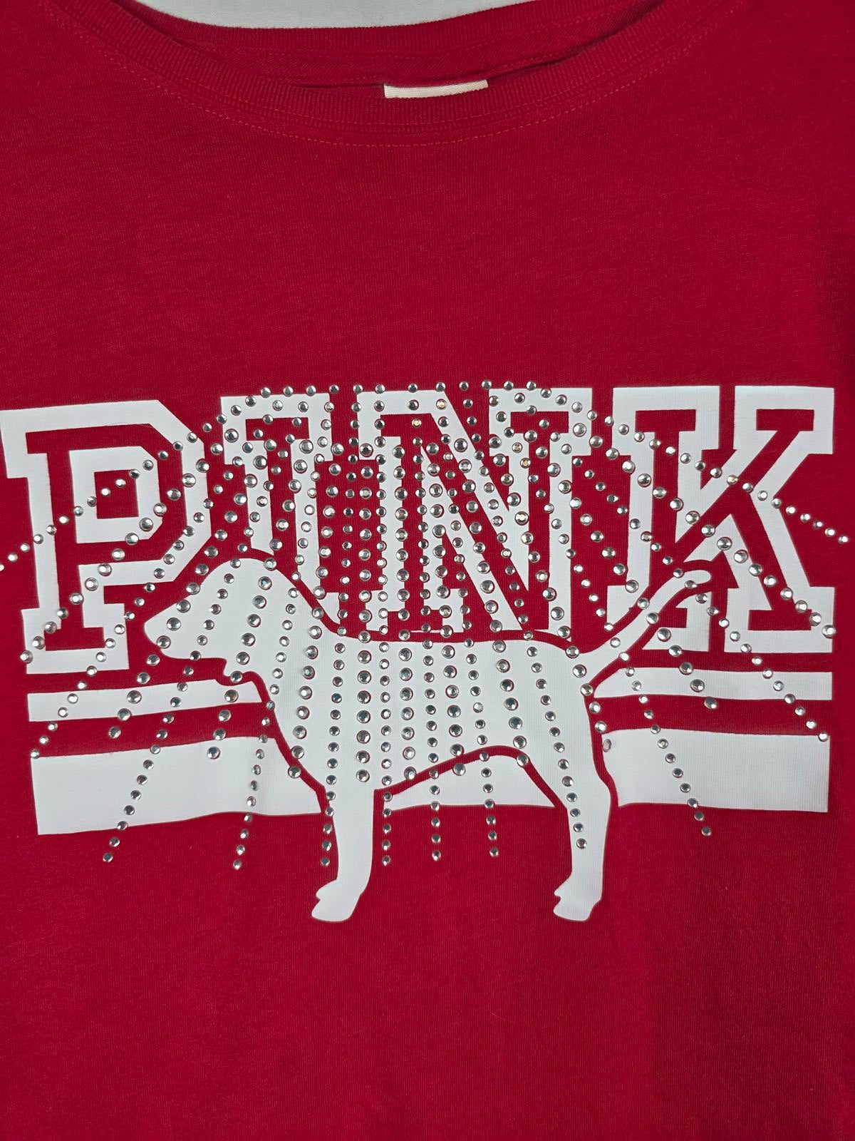 Victorias Secret PINK Dog Logo Tee Shirt Rhinestone BLING Red MEDIUM