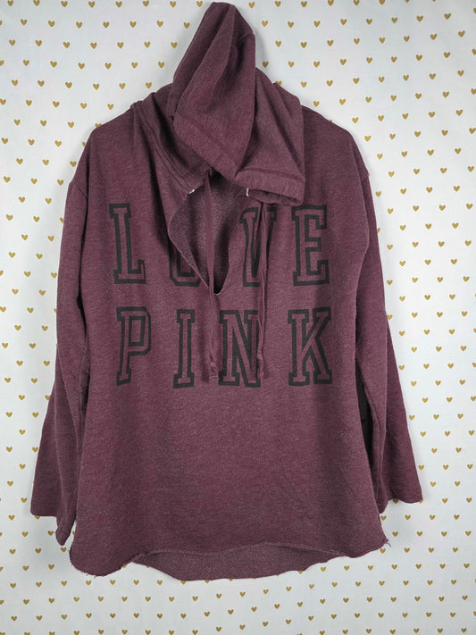 Victorias Secret Pink Maroon V Neck Hoodie Pullover Sweater LOVE Large