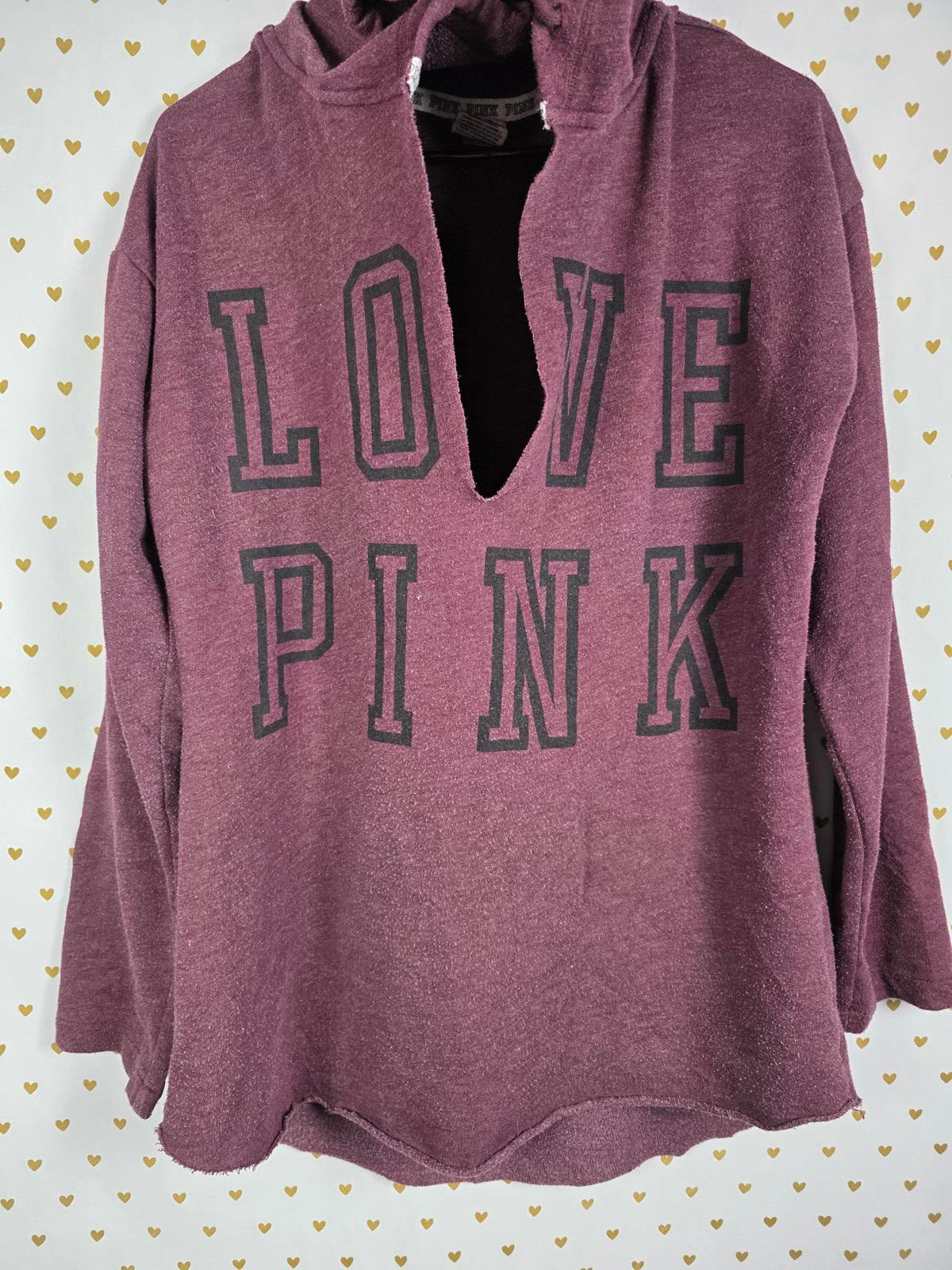 Victorias Secret Pink Maroon V Neck Hoodie Pullover Sweater LOVE Large