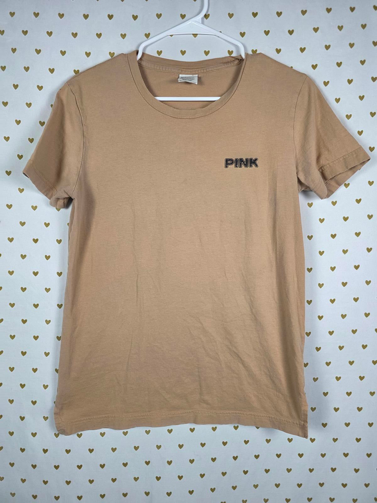 Victorias Secret PINK BLING Logo LOVE Palm Tree Crest Tee Shirt BEIGE XS