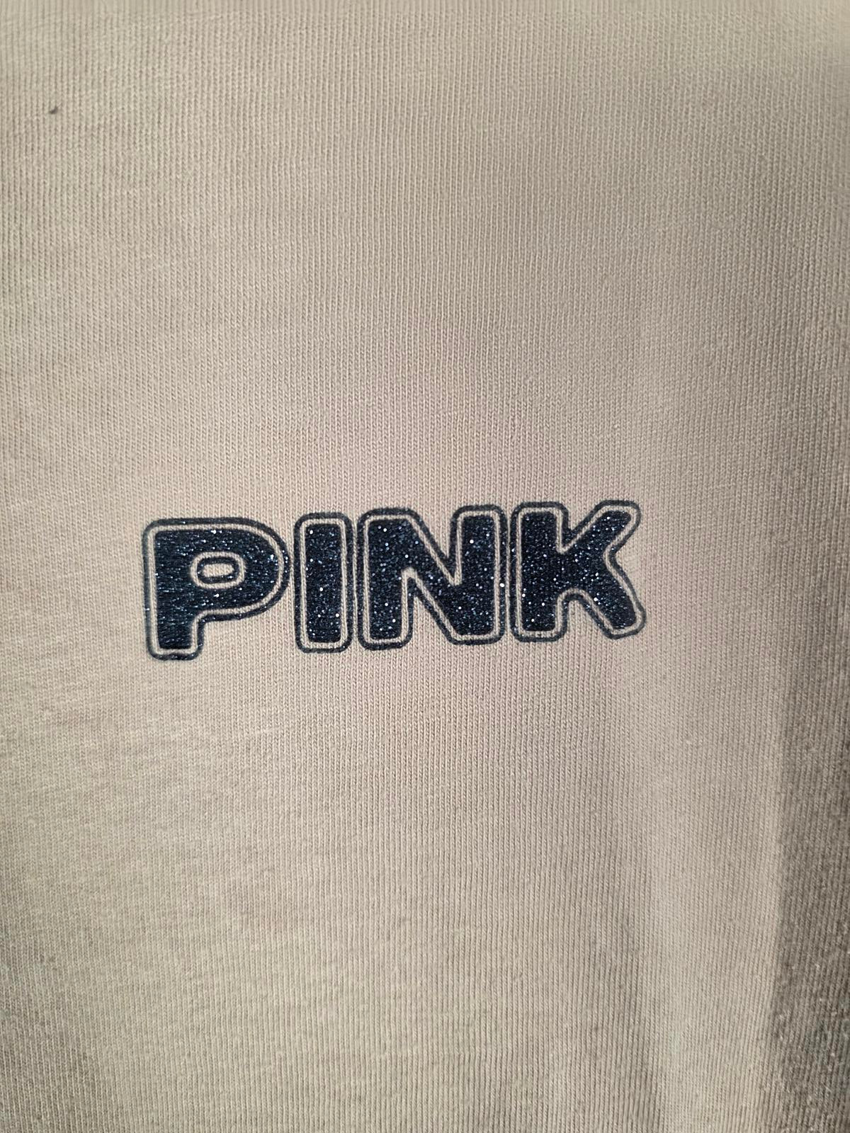 Victorias Secret PINK BLING Logo LOVE Palm Tree Crest Tee Shirt BEIGE XS