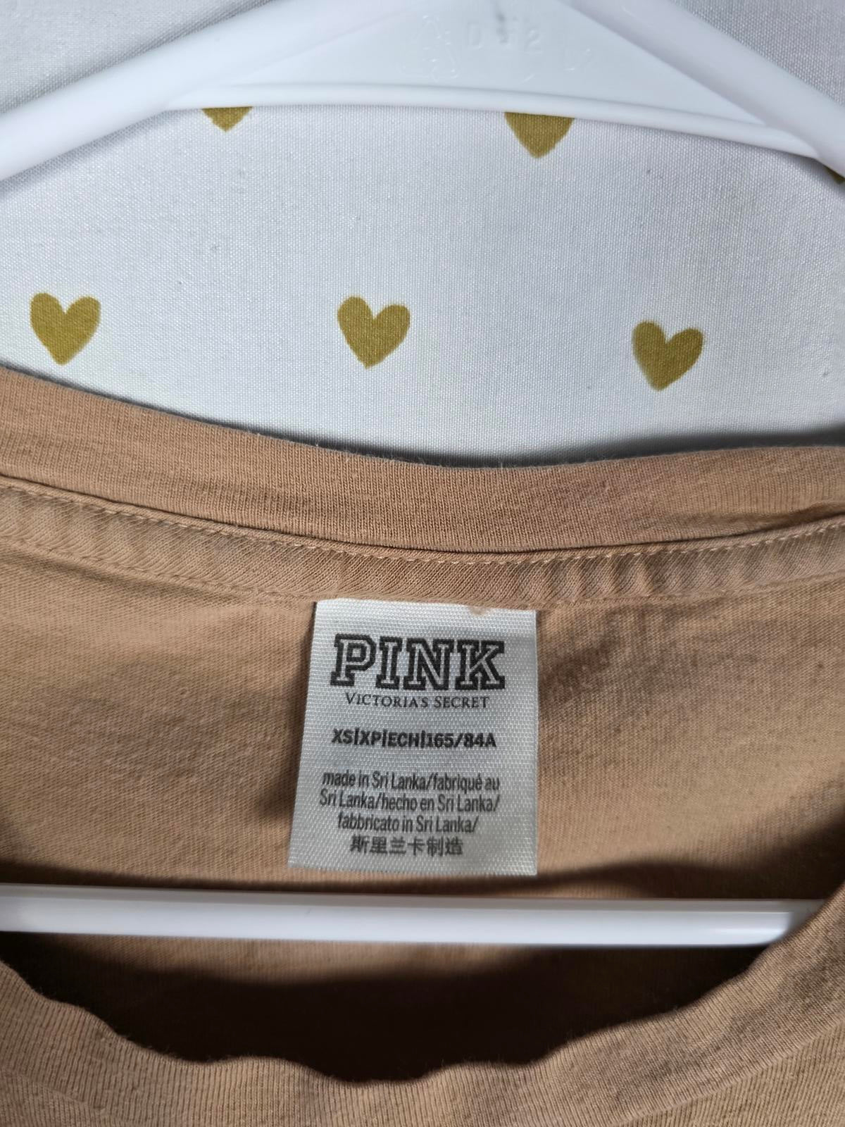 Victorias Secret PINK BLING Logo LOVE Palm Tree Crest Tee Shirt BEIGE XS