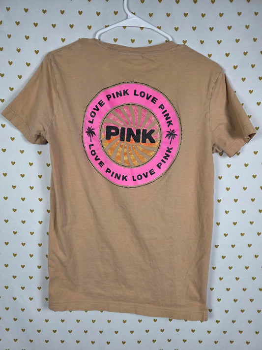 Victorias Secret PINK BLING Logo LOVE Palm Tree Crest Tee Shirt BEIGE XS