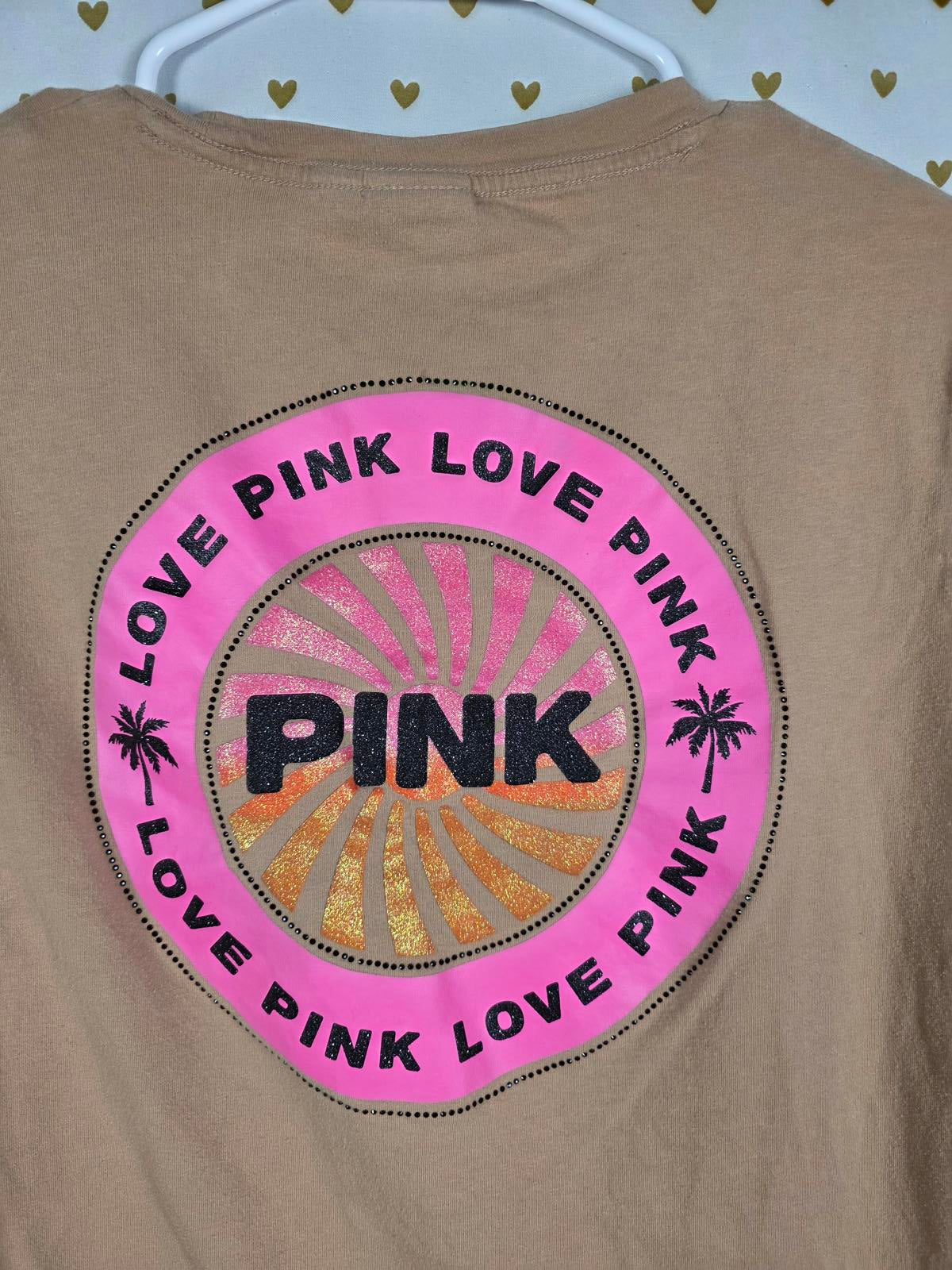Victorias Secret PINK BLING Logo LOVE Palm Tree Crest Tee Shirt BEIGE XS