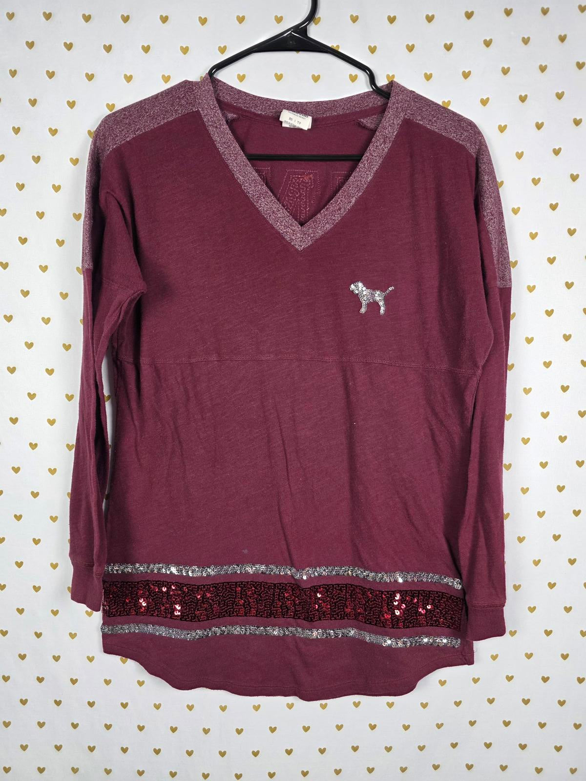 Victorias Secret PINK V neck long sleeve BLING red SEQUINED Tee shirt XS