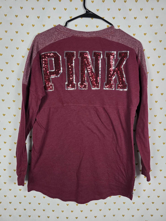 Victorias Secret PINK V neck long sleeve BLING red SEQUINED Tee shirt XS