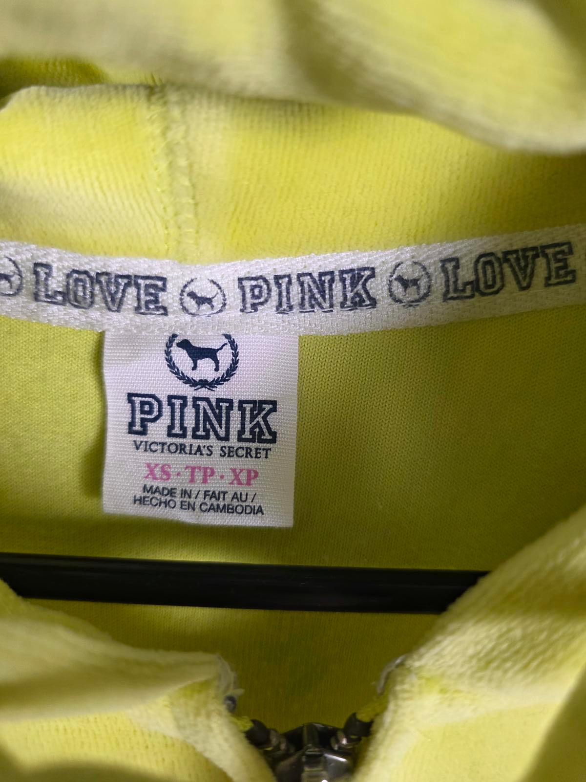 Victorias Secret Pink Y2K Vintage VELOUR Yellow Full Zip Hoodie Jacket LOVE  XS